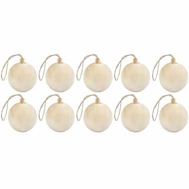 10x kerstboom decoratie ballen van licht hout 6,4 cm versiering