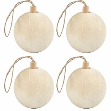 4x kerstboom decoratie ballen van licht hout 6,4 cm versiering