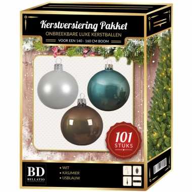 Kerstboom 101 stuks kerstballen mix wit-ijsblauw-kasjmier voor 150 cm boom versiering