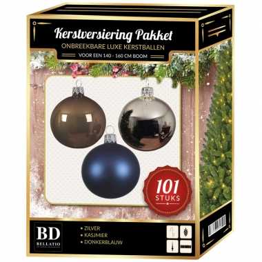 Kerstboom 101 stuks kerstballen mix zilver-blauw-bruin voor 150 cm boom versiering