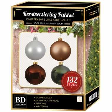 Kerstboom 132 stuks kerstballen mix beige-wit-groen-bruin voor 180 cm boom versiering