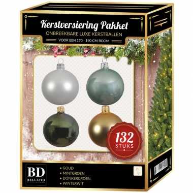 Kerstboom 132 stuks kerstballen mix wit-goud-groen-mint voor 180 cm boom versiering