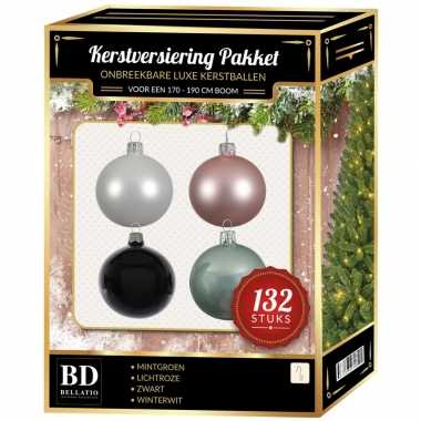 Kerstboom 132 stuks kerstballen mix wit-mint-roze-zwart voor 180 cm boom versiering