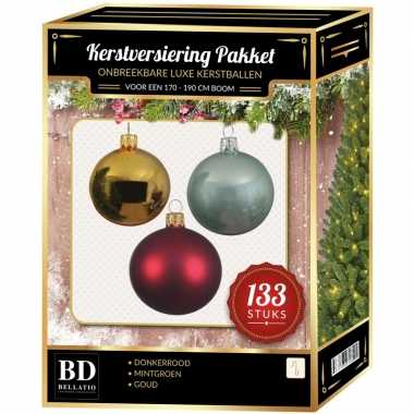 Kerstboom 133 stuks kerstballen mix goud-donkerrood-mint voor 180 cm boom versiering