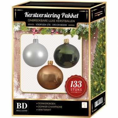 Kerstboom 133 stuks kerstballen mix wit-beige-donkergroen voor 180 cm boom versiering