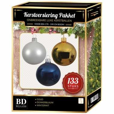 Kerstboom 133 stuks kerstballen mix wit-goud-donkerblauw voor 180 cm boom versiering