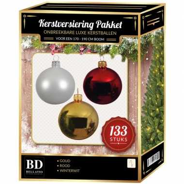 Kerstboom 133 stuks kerstballen mix wit-goud-kerst rood voor 180 cm boom versiering