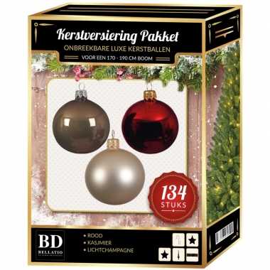 Kerstboom 134 stuks kerstballen mix champagne-groen-bruin voor 180 cm boom versiering