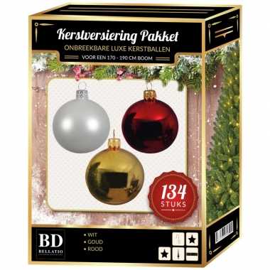 Kerstboom 134 stuks kerstballen mix wit-goud-rood voor 180 cm boom versiering