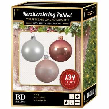 Kerstboom 134 stuks kerstballen mix wit-oud roze-roze voor 180 cm boom versiering