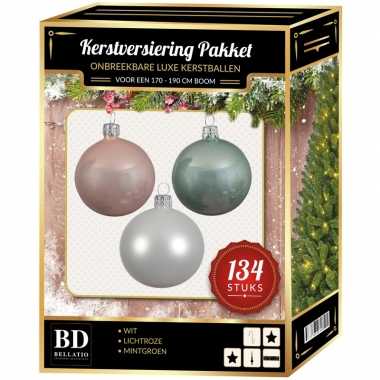 Kerstboom 134 stuks kerstballen mix wit-roze-mint voor 180 cm boom versiering