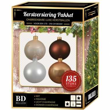 Kerstboom 135 stuks kerstballen mix champagne-wit-bruin voor 180 cm boom versiering