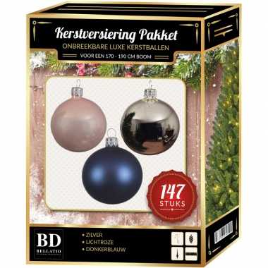 Kerstboom 147 stuks kerstballen mix zilver-roze-blauw voor 180 cm boom versiering