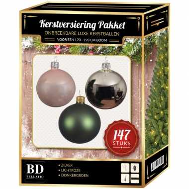 Kerstboom 147 stuks kerstballen mix zilver-roze-groen voor 180 cm boom versiering
