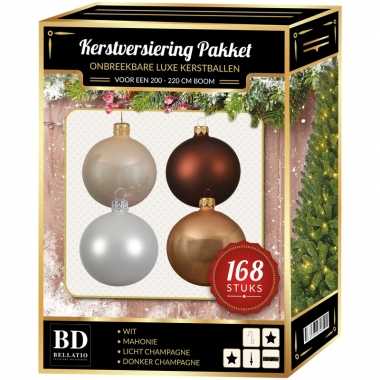 Kerstboom 168 stuks kerstballen mix champagne-wit-bruin voor 210 cm boom versiering