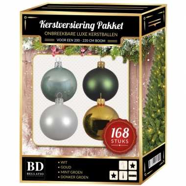 Kerstboom 168 stuks kerstballen mix wit-mint-goud-groen voor 210 cm boom versiering