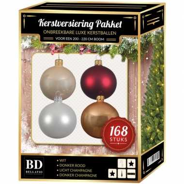 Kerstboom 168x kerstballen mix champagne-wit-donkerrood voor 210 cm boom versiering