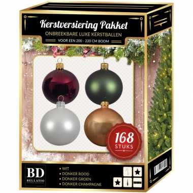 Kerstboom 168x kerstballen mix wit-beige-groen-donkerrood voor 210 cm boom versiering