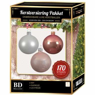 Kerstboom 170 stuks kerstballen mix wit-lichtroze-oud roze voor 210cm boom versiering