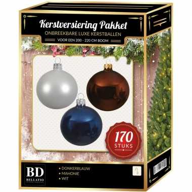 Kerstboom 170 stuks kerstballen mix wit-mahonie-blauw voor 210 cm boom versiering