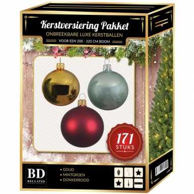 Kerstboom 171 stuks kerstballen mix goud-mint-rood voor 210 cm boom versiering