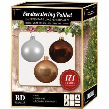 Kerstboom 171 stuks kerstballen mix wit-champagne-bruin voor 210 cm boom versiering