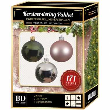 Kerstboom 171 stuks kerstballen mix zilver-roze-donkergroen voor 210 cm bo versiering