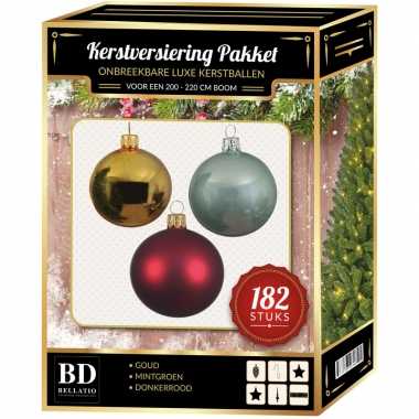 Kerstboom 182 stuks kerstballen mix goud-mintgroen-rood voor 210 cm boom versiering