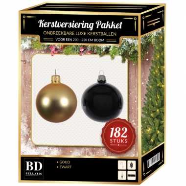Kerstboom 182 stuks kerstballen mix goud-zwart voor 210 cm boom versiering