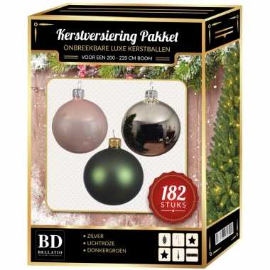 Kerstboom 182 stuks kerstballen mix zilver-roze-donkergroen voor 210 cm bo versiering