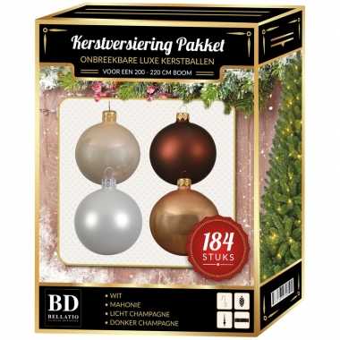 Kerstboom 184 stuks kerstballen mix champagne-wit-bruin voor 210 cm boom versiering