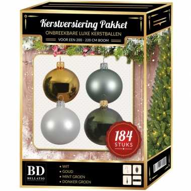 Kerstboom 184 stuks kerstballen mix wit-mint-goud-groen voor 210 cm boom versiering