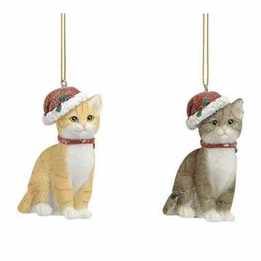 Kerstboom 2x stuks kersthangers katten/poezen met kerstmuts 9 cm kerstversiering