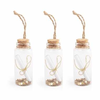 Kerstboom 3x stuks decoratie hangers flesjes met perkament flessenpost 7,4 x 3 cm versiering