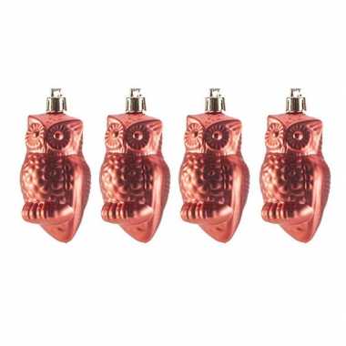 Kerstboom 4x kersthangers figuurtjes uil rood 9 cm kerstversiering