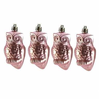 Kerstboom 4x kersthangers figuurtjes uil roze 9 cm kerstversiering