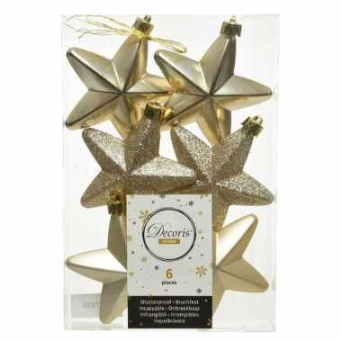 Kerstboom 6x champagne kunststof sterren kerstballen/ kersthangers 7 cm versiering