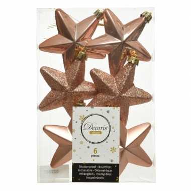 Kerstboom 6x zacht terra bruine kunststof sterren kerstballen/ kersthanger versiering