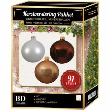 Kerstboom 91 stuks kerstballen mix wit-beige-mahonie voor 150 cm boom versiering