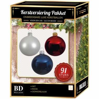 Kerstboom 91 stuks kerstballen mix wit-donkerblauw-rood voor 150 cm boom versiering