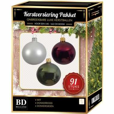Kerstboom 91 stuks kerstballen mix wit-donkerrood-groen voor 150 cm boom versiering
