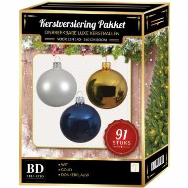 Kerstboom 91 stuks kerstballen mix wit-goud-donkerblauw voor 150 cm boom versiering