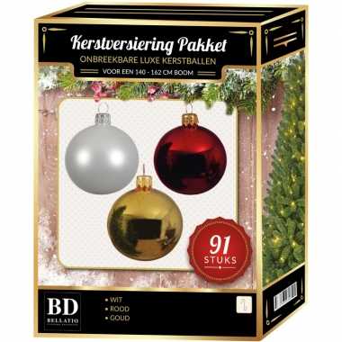 Kerstboom 91 stuks kerstballen mix wit-goud-kerst rood voor 150 cm boom versiering
