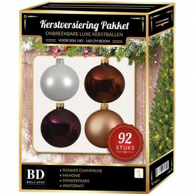 Kerstboom 92 stuks kerstballen mix wit-beige-bruin-paars voor 150 cm boom versiering