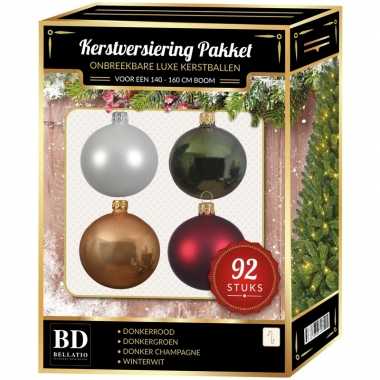 Kerstboom 92 stuks kerstballen mix wit-beige-rood-groen voor 150 cm boom versiering