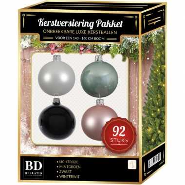 Kerstboom 92 stuks kerstballen mix wit-mint-roze-zwart voor 150 cm boom versiering