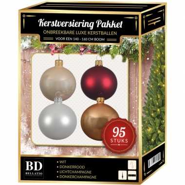 Kerstboom 95 stuks kerstballen mix wit-champagne-donkerrood 150 cm boom versiering