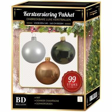 Kerstboom 99 stuks kerstballen mix wit-beige-groen voor 150 cm boom versiering