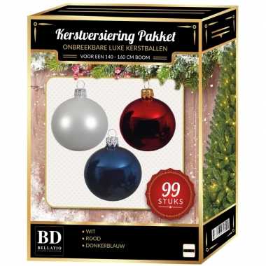 Kerstboom 99 stuks kerstballen mix wit-blauw-rood voor 150 cm boom versiering