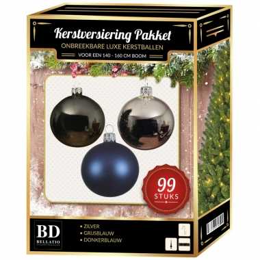 Kerstboom 99 stuks kerstballen mix zilver-grijs-blauw voor 150 cm boom versiering